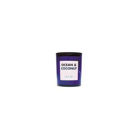 CHEERFUL SCENTED COBALT BLUE GLASS CANDLE + BLACK LID OCEAN & COCONUT